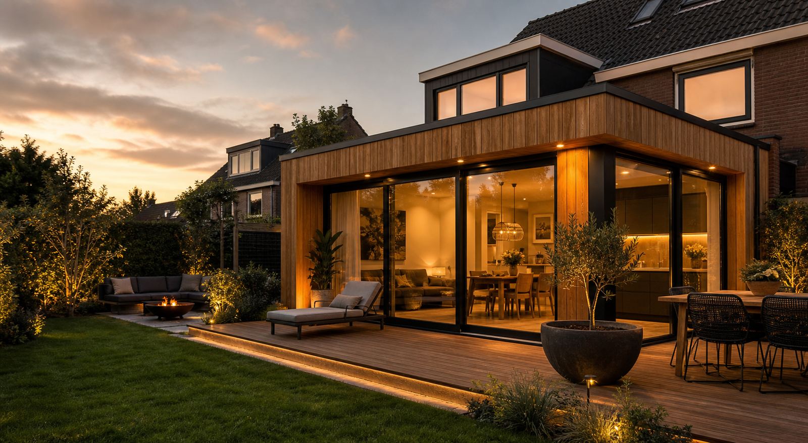 Luxe aanbouw met hout, zwarte kozijnen en een ruime vlonder