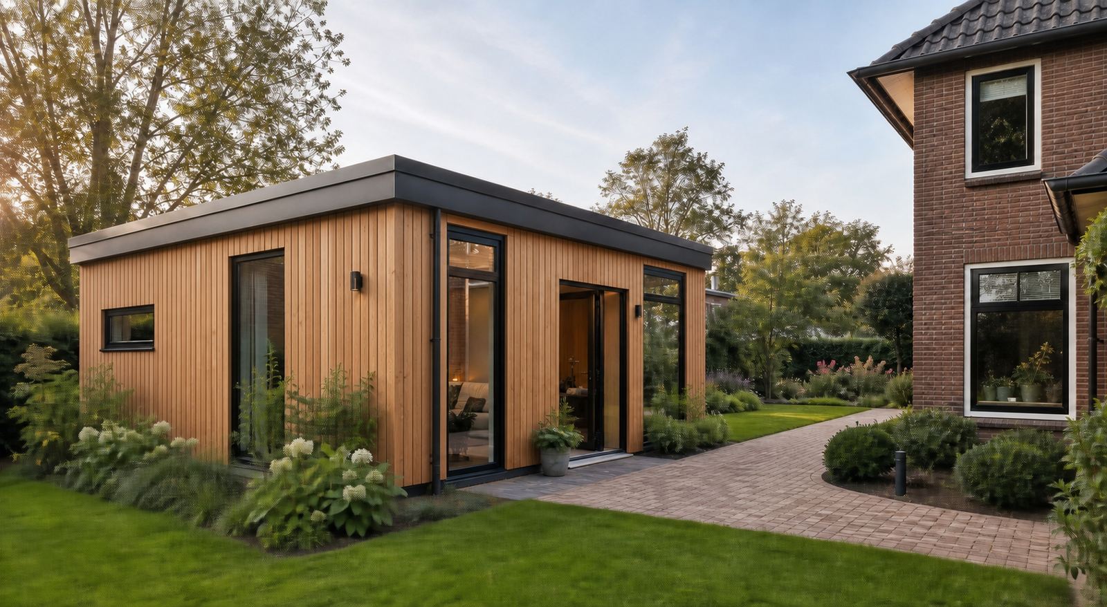 Volledig houten mantelzorgwoning in een Nederlandse tuin