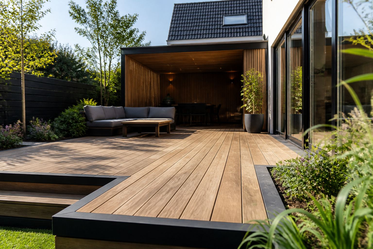 Houten vlonder bij een buitenverblijf