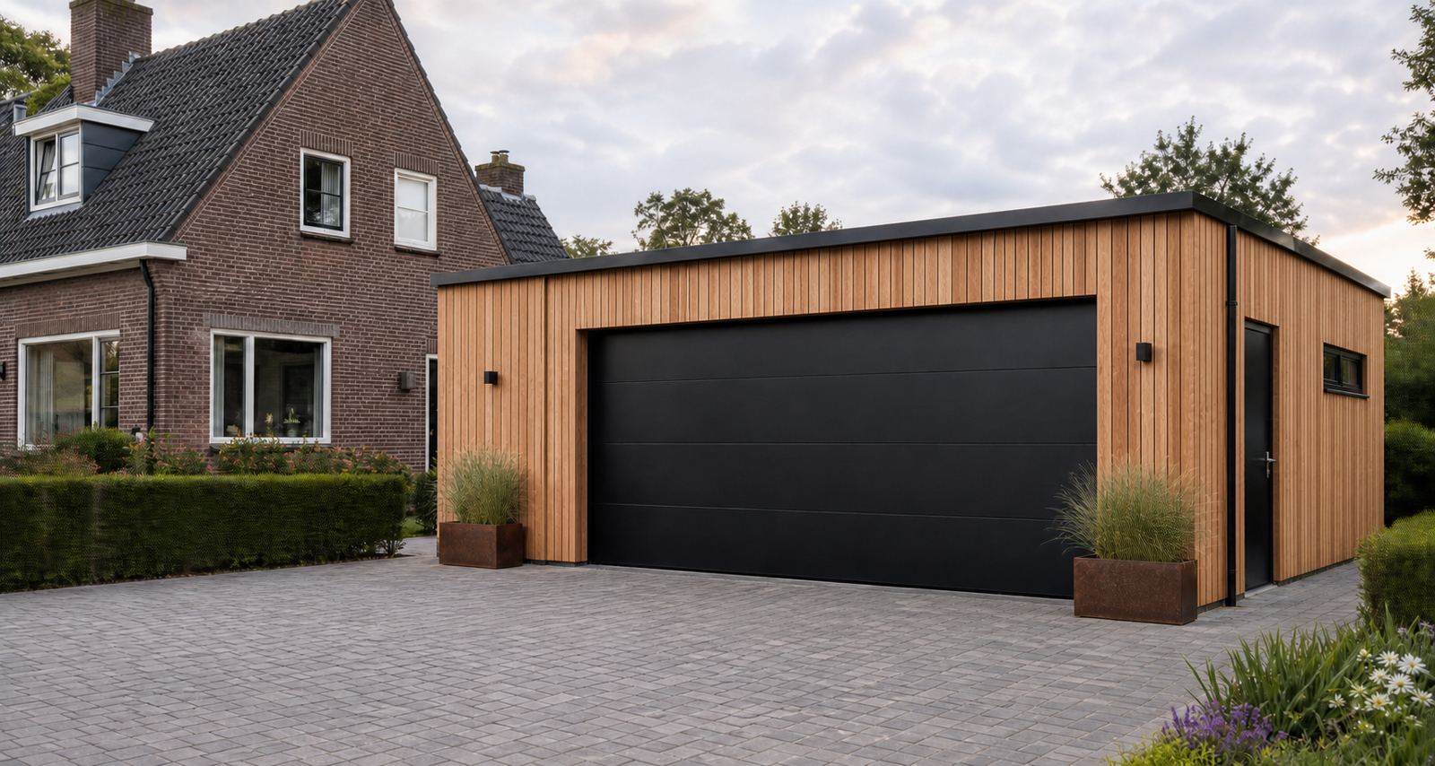 Volledig houten garage met zwarte garagedeur